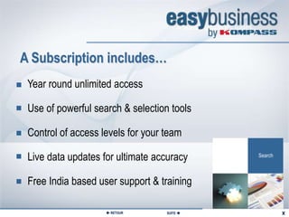 A Subscription Includes



A Subscription includes…
 Year round unlimited access

 Use of powerful search & selection tools

 Control of access levels for your team

 Live data updates for ultimate accuracy

 Free India based user support & training

                     RETOUR       SUITE 
 
