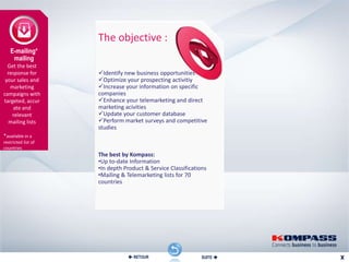 The objective :
   E-mailing*
    mailing
  Get the best
  response for       Identify new business opportunities
 your sales and      Optimize your prospecting activitiy
   marketing         Increase your information on specific
campaigns with       companies
targeted, accur      Enhance your telemarketing and direct
    ate and          marketing acivities
    relevant         Update your customer database
  mailing lists      Perform market surveys and competitive
                     studies
*available in a
restricted list of
countries
                     The best by Kompass:
                     •Up to-date Information
                                      CIBLAGE
                     •In depth Product & Service Classifications
                     •Mailing & Telemarketing lists for 70
                     countries




                                 RETOUR                      SUITE 
 