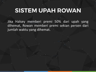 Jika Halsey memberi premi 50% dari upah yang
dihemat, Rowan memberi premi sekian persen dari
jumlah waktu yang dihemat.
 
