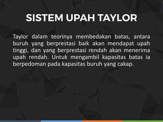 Taylor dalam teorinya membedakan batas, antara
buruh yang berprestasi baik akan mendapat upah
tinggi, dan yang berprestasi rendah akan menerima
upah rendah. Untuk mengambil kapasitas batas ia
berpedoman pada kapasitas buruh yang cakap.
 