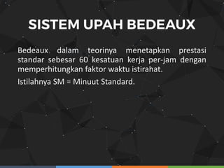Bedeaux dalam teorinya menetapkan prestasi
standar sebesar 60 kesatuan kerja per-jam dengan
memperhitungkan faktor waktu istirahat.
Istilahnya SM = Minuut Standard.
 