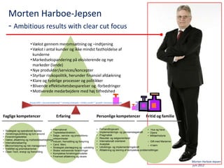 Morten Harboe-Jepsen
      - Ambitious results with clear cut focus
                         • Vækst gennem meromsætning og –indtjening
                         • Vækst i antal kunder og ikke mindst fastholdelse af
                           kunderne
                         • Markedsekspandering på eksisterende og nye
                           markeder (lande)
                         • Nye produkter/services/koncepter
                         • Styrbar risikopolitik, herunder finansiel afdækning
                         • Klare og tydelige processer og politikker
                         • Blivende effektivitetsbesparelser og -forbedringer
                         • Motiverede medarbejdere med høj tilfredshed

                        Strong skills3 + focused leadership2 * winning strategies = Visible results2 * growth + business develment2




Faglige kompetencer                                   Erfaring                                       Personlige kompetencer                     Fritid og familie

                                         • International                                             •   Forhandlingsvant                        • Hus og have
•   Strategisk og operationel ledelse
                                         • Topledelse/direktion                                      •   Implementerings- og gennemslagskraft    • Opera
•   Forretningsudvikling og turn around
                                         • Salgs-, service- og produktions-                          •   Pragmatisk                              • Militærhistorie
•   Forandringsledelse
                                            virksomheder                                             •   Resultat- og salgsorienteret
•   Vækst, afsætning og markedsbearbejdning
                                         • Industri, fremstilling og forsyning                       •   Internationalt orienteret                 Gift med Marianne
•   Internationalisering
                                         • Cand. Merc.                                               •   Analytisk                                 4 børn
•   Økonomistyring og risk management
                                         • Strategisk planlægning og –udvikling                      •   Udviklings- og implementeringskraft
•   Volitilitet og prismekanismer
                                         • Skabe vedvarende forandringer                             •   Afdækning og løsning af komplekse problemstillinger.
•   Clean Tech, energi og fremstilling
                                         • Komplekse forretningsmodeller
                                         • Finansiel afdækning og råvare

                                                                                                                                                                        Morten Harboe-Jepsen
                                                                                                                                                                        juni 2012
 