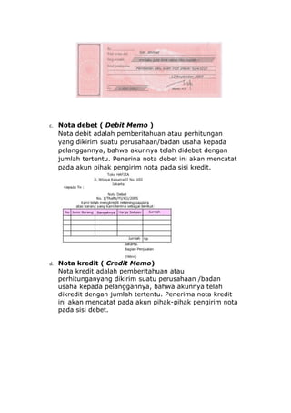 c. Nota debet ( Debit Memo )
  Nota debit adalah pemberitahuan atau perhitungan
  yang dikirim suatu perusahaan/badan usaha kepada
  pelanggannya, bahwa akunnya telah didebet dengan
  jumlah tertentu. Penerina nota debet ini akan mencatat
  pada akun pihak pengirim nota pada sisi kredit.




d. Nota kredit ( Credit Memo)
  Nota kredit adalah pemberitahuan atau
  perhitunganyang dikirim suatu perusahaan /badan
  usaha kepada pelanggannya, bahwa akunnya telah
  dikredit dengan jumlah tertentu. Penerima nota kredit
  ini akan mencatat pada akun pihak-pihak pengirim nota
  pada sisi debet.
 