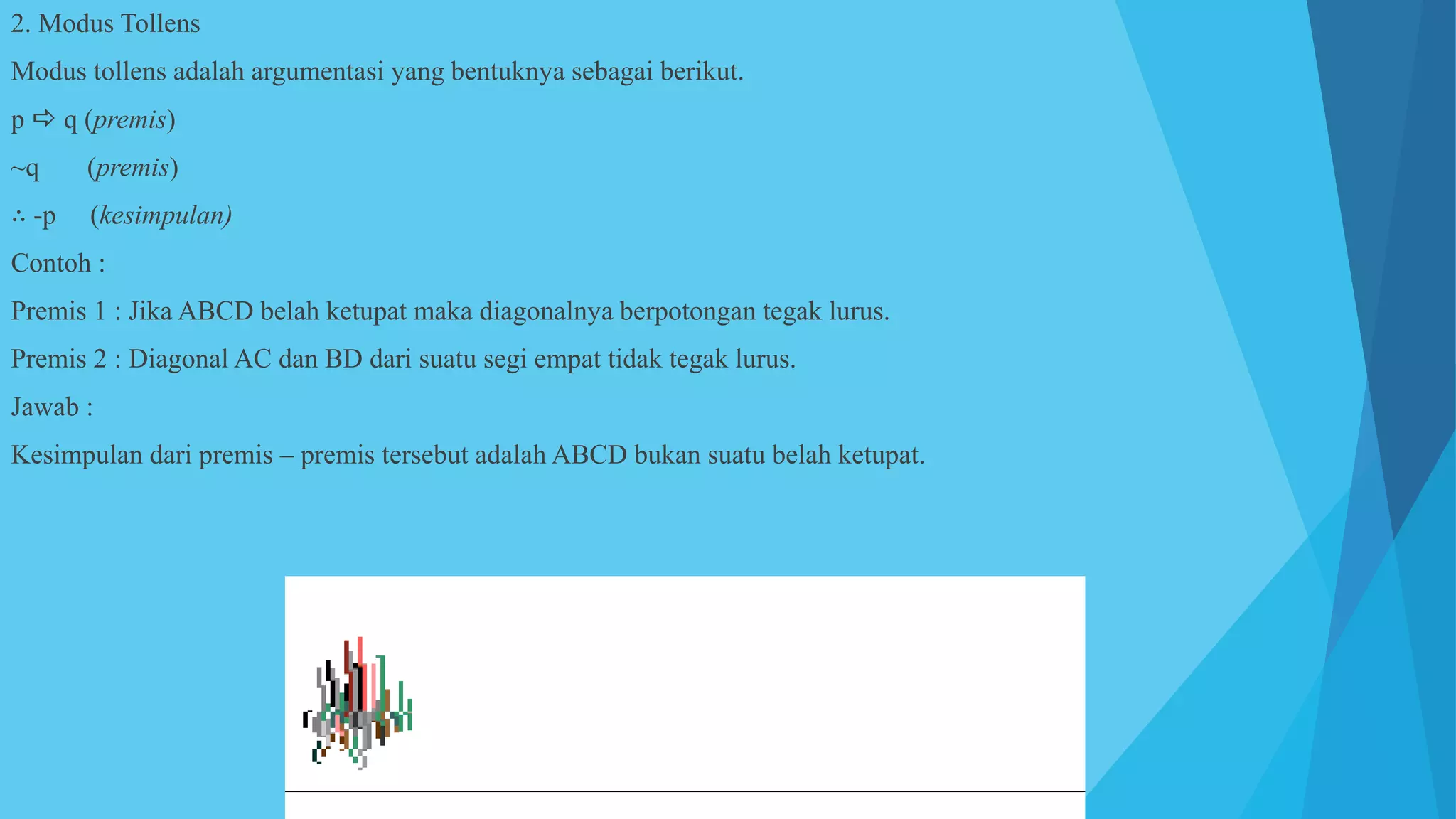 2. Modus Tollens
Modus tollens adalah argumentasi yang bentuknya sebagai berikut.
p  q (premis)
~q (premis)
∴ -p (kesimpulan)
Contoh :
Premis 1 : Jika ABCD belah ketupat maka diagonalnya berpotongan tegak lurus.
Premis 2 : Diagonal AC dan BD dari suatu segi empat tidak tegak lurus.
Jawab :
Kesimpulan dari premis – premis tersebut adalah ABCD bukan suatu belah ketupat.
 