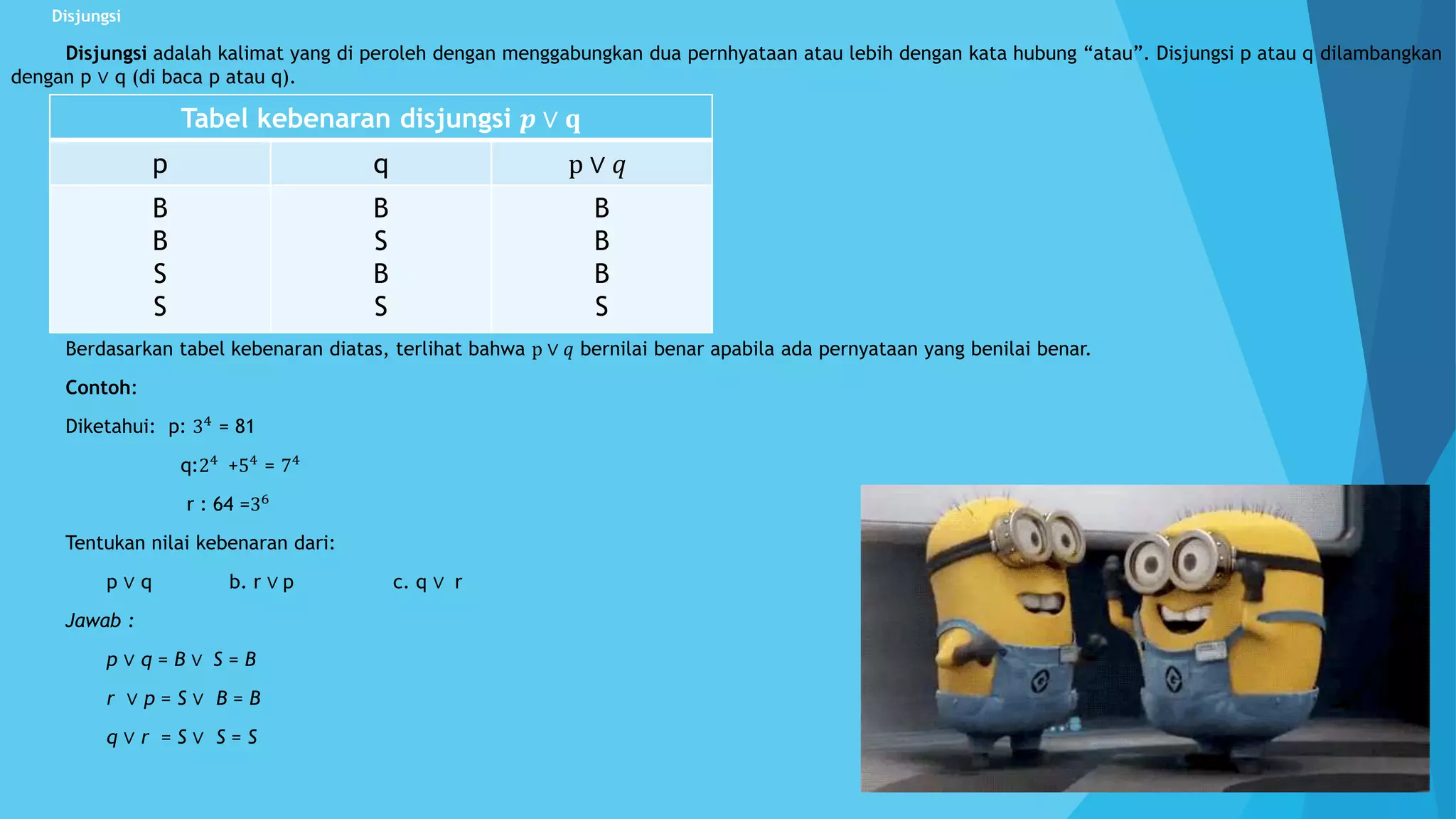  Disjungsi
Disjungsi adalah kalimat yang di peroleh dengan menggabungkan dua pernhyataan atau lebih dengan kata hubung “atau”. Disjungsi p atau q dilambangkan
dengan p ∨ q (di baca p atau q).
Berdasarkan tabel kebenaran diatas, terlihat bahwa p ∨ 𝑞 bernilai benar apabila ada pernyataan yang benilai benar.
Contoh:
Diketahui: p: 34
= 81
q:24
+54
= 74
r : 64 =36
Tentukan nilai kebenaran dari:
a. p ∨ q b. r ∨ p c. q ∨ r
Jawab :
a. p ∨ q = B ∨ S = B
b. r ∨ p = S ∨ B = B
c. q ∨ r = S ∨ S = S
Tabel kebenaran disjungsi 𝒑 ∨ 𝐪
p q p ∨ 𝑞
B
B
S
S
B
S
B
S
B
B
B
S
 