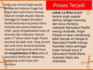 Proses TerjadiPada saat normal angin passat
bertiup dari tekanan tinggi Sub
Tropis (dari arah timur) menuju
tekanan rendah ekuator (barat).
Sehingga air hangat Samudera
Pasifik berkumpul di pantai Utara
Australia dan pantai Indonesia.
Inilah yang mengakibatkan hujan di
Australia dan Indonesia. Namun
pada 2-7 tahun sekali Angin Passat
tersebut berubah arah. Yang semula
dari arah timur ke barat berubah
menjadi arah barat ke arah timur.
Ini mengakibatkan El Nino yaitu di
Samudera Pasifik dan Indonesia
berkurang curah hujan dari
biasanya.
untuk La Nina terjadi
karena angin passat
bertiup dengan kencang
dan terus menerus
melewati Samudera Pasifik
menuju Australia. Angin
Passat ini akan mendorong
lebih banyak air hangat di
Samudera Pasifik menuju
Australia Utara sehingga
hujan hanyak turun di
Samudera Pasifik Barat,
Australia Utara dan
Indonesia.
 