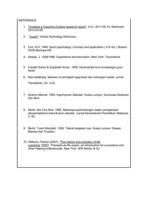 REFERENCE
1. "Creating a Coaching Culture research report". I-l-m. 2011-05-19. Retrieved
2012-03-28
2. "coach", Online Etymology Dictionary
3. Cox, R.H. 1998. Sport psychology: Concept and application ( 4 th ed.). Boston:
WCB McGraw-Hill
4. Dewey, J. 1938/1986. Experience and education. New York: Touchstone.
5. Faridah Karim & Zubaidah Aman. 1999. Peramal Burnout di kalangan guru:
factor
6. latar belakang, tekanan di peringkat organisasi dan sokongan sosial. Jurnal
Pendidikan. 24: 3-25.
7. Ibrahim Mamat. 1993. Kepimpinan Sekolah. Kuala Lumpur: Kumpulan Budiman
Sdn.Bhd.
8. Mohd. Nor Che Noh. 1985. Beberapa pertimbangan dalam pengelolaan
danpentadbiran kokurikulum sekolah. Jurnal Kementerian Pendidikan Malaysia,
5: 50.
9. Mohd. Yusof Abdullah. 1992. Teknik kegiatan luar. Kuala Lumpur: Dewan
Bahasa dan Pustaka.
10. Williams, Patrick (2007), "The history and evolution of life
coaching" (PDF), Therapist as life coach, an introduction for counselors and
other helping professionals, New York: WW Norton & Co
 