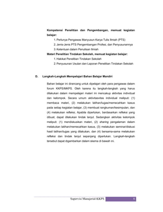 Supervisi Manajerial-KKPS 8
Kompetensi Penelitian dan Pengembangan, memuat kegiatan
belajar:
1. Perlunya Pengawas Manyusun Karya Tulis Ilmiah (PTS)
2. Jenis-Jenis PTS Pengembangan Profesi, dan Penyusunannya
3. Ketentuan dalam Penulisan Ilmiah
Materi Penelitian Tindakan Sekolah, memuat kegiatan belajar:
1. Hakikat Penelitian Tindakan Sekolah
2. Penyusunan Usulan dan Laporan Penelitian Tindakan Sekolah
D. Langkah-Langkah Mempelajari Bahan Belajar Mandiri
Bahan belajar ini dirancang untuk dipelajari oleh para pengawas dalam
forum KKPS/MKPS. Oleh karena itu langkah-langkah yang harus
dilakukan dalam mempelajari materi ini mencakup aktivitas individual
dan kelompok. Secara umum aktivitasvitas individual meliputi: (1)
membaca materi, (2) melakukan latihan/tugas/memecahkan kasus
pada setiap kegiatan belajar, (3) membuat rangkuman/kesimpulan, dan
(4) melakukan refleksi, Apabila diperlukan, berdasarkan refleksi yang
dibuat, dapat dilakukan tindak lanjut. Sedangkan aktivitas kelompok
meliputi: (1) mendiskusikan materi, (2) sharing pengalaman dalam
melakukan latihan/memecahkan kasus, (3) melakukan seminar/diskusi
hasil latihan/tugas yang dilakukan, dan (4) bersama-sama melakukan
refleksi dan tindak lanjut sepanjang diperlukan. Langkah-langkah
tersebut dapat digambarkan dalam skema di bawah ini.
 