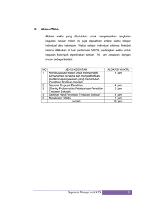 Supervisi Manajerial-KKPS 13
G. Alokasi Waktu
Alokasi waktu yang dibutuhkan untuk menyelesaikan rangkaian
kegiatan belajar materi ini juga dipisahkan antara waktu belajar
individual dan kelompok. Waktu belajar individual sifatnya fleksibel
karena dilakukan di luar pertemuan MKPS, sedangkan waktu untuk
kegiatan kelompok diperkirakan sekitar 16 jam pelajaran, dengan
rincian sebagai berikut:
NO JENIS KEGIATAN ALOKASI WAKTU
1 Mendiskusikan materi untuk memperoleh
pemahaman bersama dan mengidentifikasi
problem kepengawasan yang memerlukan
Penelitian Tindakan Sekolah
4 jam
2 Seminar Proposal Penelitian 4 jam
3 Sharing Problematika Pelaksanaan Penelitian
Tindakan Sekolah
3 jam
4 Seminar Hasil Penelitian Tindakan Sekolah 4 jam
5 Melakukan refleksi 1 jam
Jumlah 16 jam
 