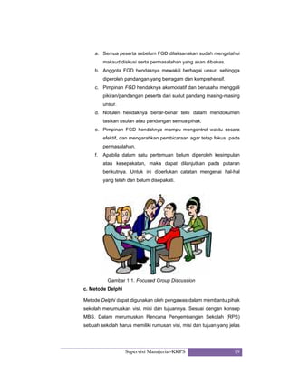 Supervisi Manajerial-KKPS 19
a. Semua peserta sebelum FGD dilaksanakan sudah mengetahui
maksud diskusi serta permasalahan yang akan dibahas.
b. Anggota FGD hendaknya mewakili berbagai unsur, sehingga
diperoleh pandangan yang berragam dan komprehensif.
c. Pimpinan FGD hendaknya akomodatif dan berusaha menggali
pikiran/pandangan peserta dari sudut pandang masing-masing
unsur.
d. Notulen hendaknya benar-benar teliti dalam mendokumen
tasikan usulan atau pandangan semua pihak.
e. Pimpinan FGD hendaknya mampu mengontrol waktu secara
efektif, dan mengarahkan pembicaraan agar tetap fokus pada
permasalahan.
f. Apabila dalam satu pertemuan belum diperoleh kesimpulan
atau kesepakatan, maka dapat dilanjutkan pada putaran
berikutnya. Untuk ini diperlukan catatan mengenai hal-hal
yang telah dan belum disepakati.
Gambar 1.1. Focused Group Discussion
c. Metode Delphi
Metode Delphi dapat digunakan oleh pengawas dalam membantu pihak
sekolah merumuskan visi, misi dan tujuannya. Sesuai dengan konsep
MBS. Dalam merumuskan Rencana Pengembangan Sekolah (RPS)
sebuah sekolah harus memiliki rumusan visi, misi dan tujuan yang jelas
 
