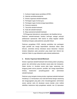 Supervisi Manajerial-KKPS 29
1) Kurikulum tingkat satuan pendidikan (KTSP);
2) Kalender pendidikan/akademik;
3) Struktur organisasi sekolah/madrasah;
4) Pembagian tugas di antara guru;
5) Pembagian tugas di antara tenaga kependidikan;
6) Peraturan akademik;
7) Tata tertib sekolah/madrasah;
8) Kode etik sekolah/madrasah;
9) Biaya operasional sekolah/madrasah;
10) Penggunaan laboratorium, perpustakaan, dan fasailitas lainnya.
Pedoman sekolah/madrasah tersebut berfungsi sebagai petunjuk
pelaksanaan operasional. Oleh karena itu setiap kegiatan sekolah
hendaknya mengacu pada pedoman yang telah dibuat.
Pedoman pengelolaan KTSP, kalender pendidikan dan pembagian
tugas pendidik dan tenaga kependidikan dievaluasi dalam skala
tahunan, sementara lainnya dievaluasi sesuai kebutuhan. Evaluasi
tersebut didasarkan pada perubahan yang terjadi baik internal dan
eksternal. Selain itu juga didasarkan pada evaluasi pelaksanaan.
b. Struktur Organisasi Sekolah/Madrasah
Struktur organisasi sekolah/madrasah berisi tentang sistem penyeleng-
garaan dan administrasi yang diuraikan secara jelas dan transparan.
Dalam struktur ini, diuraikan secara jelas tugas, wewenang, dan
tanggung jawab semua pimpinan, pendidik, dan tenaga kependidikan
tentang keseluruhan penyeleng-garaan dan administrasi
sekolah/madrasah.
Pedoman yang mengatur tentang struktur organisasi sekolah/madrasah
hendaknya: (1) memasukkan unsur staf administrasi dengan wewenang
dan tanggungjawab yang jelas untuk menyelenggarakan administrasi
secara optimal; serta (2) dievaluasi secara berkala untuk melihat
efektifitas mekanisme kerja pengelolaan sekolah; dan (3) diputuskan
 