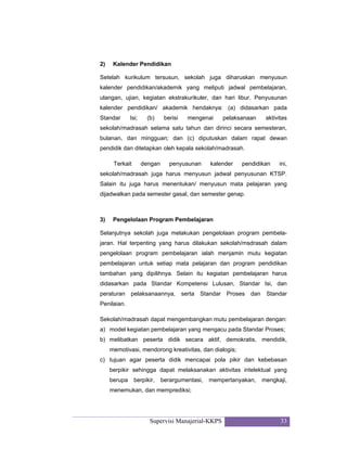 Supervisi Manajerial-KKPS 33
2) Kalender Pendidikan
Setelah kurikulum tersusun, sekolah juga diharuskan menyusun
kalender pendidikan/akademik yang meliputi jadwal pembelajaran,
ulangan, ujian, kegiatan ekstrakurikuler, dan hari libur. Penyusunan
kalender pendidikan/ akademik hendaknya: (a) didasarkan pada
Standar Isi; (b) berisi mengenai pelaksanaan aktivitas
sekolah/madrasah selama satu tahun dan dirinci secara semesteran,
bulanan, dan mingguan; dan (c) diputuskan dalam rapat dewan
pendidik dan ditetapkan oleh kepala sekolah/madrasah.
Terkait dengan penyusunan kalender pendidikan ini,
sekolah/madrasah juga harus menyusun jadwal penyusunan KTSP.
Salain itu juga harus menentukan/ menyusun mata pelajaran yang
dijadwalkan pada semester gasal, dan semester genap.
3) Pengelolaan Program Pembelajaran
Selanjutnya sekolah juga melakukan pengelolaan program pembela-
jaran. Hal terpenting yang harus dilakukan sekolah/msdrasah dalam
pengelolaan program pembelajaran ialah menjamin mutu kegiatan
pembelajaran untuk setiap mata pelajaran dan program pendidikan
tambahan yang dipilihnya. Selain itu kegiatan pembelajaran harus
didasarkan pada Standar Kompetensi Lulusan, Standar Isi, dan
peraturan pelaksanaannya, serta Standar Proses dan Standar
Penilaian.
Sekolah/madrasah dapat mengembangkan mutu pembelajaran dengan:
a) model kegiatan pembelajaran yang mengacu pada Standar Proses;
b) melibatkan peserta didik secara aktif, demokratis, mendidik,
memotivasi, mendorong kreativitas, dan dialogis;
c) tujuan agar peserta didik mencapai pola pikir dan kebebasan
berpikir sehingga dapat melaksanakan aktivitas intelektual yang
berupa berpikir, berargumentasi, mempertanyakan, mengkaji,
menemukan, dan memprediksi;
 