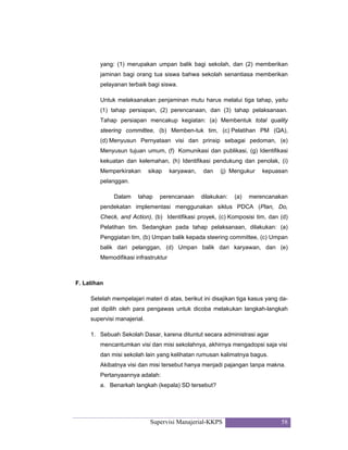 Supervisi Manajerial-KKPS 58
yang: (1) merupakan umpan balik bagi sekolah, dan (2) memberikan
jaminan bagi orang tua siswa bahwa sekolah senantiasa memberikan
pelayanan terbaik bagi siswa.
Untuk melaksanakan penjaminan mutu harus melalui tiga tahap, yaitu
(1) tahap persiapan, (2) perencanaan, dan (3) tahap pelaksanaan.
Tahap persiapan mencakup kegiatan: (a) Membentuk total quality
steering committee, (b) Memben-tuk tim, (c) Pelatihan PM (QA),
(d) Menyusun Pernyataan visi dan prinsip sebagai pedoman, (e)
Menyusun tujuan umum, (f) Komunikasi dan publikasi, (g) Identifikasi
kekuatan dan kelemahan, (h) Identifikasi pendukung dan penolak, (i)
Memperkirakan sikap karyawan, dan (j) Mengukur kepuasan
pelanggan.
Dalam tahap perencanaan dilakukan: (a) merencanakan
pendekatan implementasi menggunakan siklus PDCA (Plan, Do,
Check, and Action), (b) Identifikasi proyek, (c) Komposisi tim, dan (d)
Pelatihan tim. Sedangkan pada tahap pelaksanaan, dilakukan: (a)
Penggiatan tim, (b) Umpan balik kepada steering committee, (c) Umpan
balik dari pelanggan, (d) Umpan balik dari karyawan, dan (e)
Memodifikasi infrastruktur
F. Latihan
Setelah mempelajari materi di atas, berikut ini disajikan tiga kasus yang da-
pat dipilih oleh para pengawas untuk dicoba melakukan langkah-langkah
supervisi manajerial.
1. Sebuah Sekolah Dasar, karena dituntut secara administrasi agar
mencantumkan visi dan misi sekolahnya, akhirnya mengadopsi saja visi
dan misi sekolah lain yang kelihatan rumusan kalimatnya bagus.
Akibatnya visi dan misi tersebut hanya menjadi pajangan tanpa makna.
Pertanyaannya adalah:
a. Benarkah langkah (kepala) SD tersebut?
 