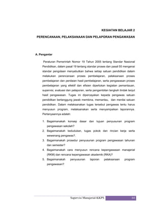Supervisi Manajerial-KKPS 64
KEGIATAN BELAJAR 2
PERENCANAAN, PELAKSANAAN DAN PELAPORAN PENGAWASAN
A. Pengantar
Peraturan Pemerintah Nomor 19 Tahun 2005 tentang Standar Nasional
Pendidikan, dalam pasal 19 tentang standar proses dan pasal 55 mengenai
standar pengolaan menyebutkan bahwa setiap satuan pendidikan dalam
melakukan perencanaan proses pembelajaran, pelaksanaan proses
pembelajaran dan penilaian hasil pembelajaran, serta pengawasan proses
pembelajaran yang efektif dan efisien diperlukan kegiatan pemantauan,
supervisi, evaluasi dan pelaporan, serta pengambilan langkah tindak lanjut
hasil pengawasan. Tugas ini dipercayakan kepada pengawas satuan
pendidikan bertanggung jawab membina, memantau, dan menilai satuan
pendidikan. Dalam melaksanakan tugas tersebut pengawas tentu harus
menyusun program, melaksanakan serta menyampaikan laporannya.
Pertanyaannya adalah:
1. Bagaimanakah konsep dasar dan tujuan penyusunan program
pengawasan sekolah?
2. Bagaimanakah kedudukan, tugas pokok dan rincian kerja serta
wewenang pengawas?.
3. Bagaimanakah prosedur penyusunan program pengawasan tahunan
dan semester?
4. Bagaimanakah cara menyusun rencana kepengawasan manajerial
(RKM) dan rencana kepengawasan akademik (RKA)?
5. Bagaimanakah penyusunan laporan pelaksanaan program
pengawasan?
 