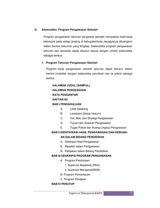 Supervisi Manajerial-KKPS 72
D. Sistematika Program Pengawasan Sekolah
Program pengawasan tahunan pengawas sekolah merupakan hasil kerja
kelompok pada setiap jenjang di kabupaten/kota seyogyanya dituangkan
dalam bentuk dokumen yang lengkap. Sistematika program pengawasan
tahunan dan semester dapat disusun sesuai dengan contoh sistematika
sebagai berikut.
1. Program Tahunan Pengawasan Sekolah
Program kerja pengawasan sekolah tahunan dapat disusun dalam
bentuk (makalah dengan sistematika penulisan dan isi pokok sebagai
berikut.
HALAMAN JUDUL (SAMPUL)
HALAMAN PENGESAHAN
KATA PENGANTAR
DAFTAR ISI
BAB I PENDAHULUAN
A. Latar belakang
B. Landasan (Dasar Hukum)
C. Visi, Misi, dan Strategi Pengawasan
D. Tujuan dan Sasaran Pengawasan
E. Tugas Pokok dan Ruang Lingkup Pengawasan
BAB II IDENTIFIKASI HASIL PENGAWASAN DAN KEBIJAK-
AN DALAM BIDANG PENDIDIKAN
A. Deskripsi Hasil Pengawasan
B. Masalah dalam Pengawasan
C. Kebijakan dalam Bidang Pendidikan
BAB III DESKRIPSI PROGRAM PENGAWASAN
A. Program Pembinaan
1. Supervisi Akademik (RKA)
2. Supervisi Manajerial(RKM)
B. Program Pemantauan
C. Program Penilaian
BAB IV PENUTUP
 