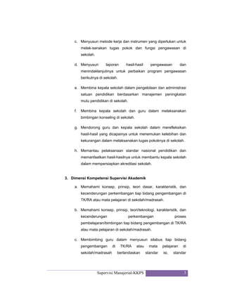 Supervisi Manajerial-KKPS 3
c. Menyusun metode kerja dan instrumen yang diperlukan untuk
melak-sanakan tugas pokok dan fungsi pengawasan di
sekolah.
d. Menyusun laporan hasil-hasil pengawasan dan
menindaklanjutinya untuk perbaikan program pengawasan
berikutnya di sekolah.
e. Membina kepala sekolah dalam pengelolaan dan administrasi
satuan pendidikan berdasarkan manajemen peningkatan
mutu pendidikan di sekolah.
f. Membina kepala sekolah dan guru dalam melaksanakan
bimbingan konseling di sekolah.
g. Mendorong guru dan kepala sekolah dalam merefleksikan
hasil-hasil yang dicapainya untuk menemukan kelebihan dan
kekurangan dalam melaksanakan tugas pokoknya di sekolah.
h. Memantau pelaksanaan standar nasional pendidikan dan
memanfaatkan hasil-hasilnya untuk membantu kepala sekolah
dalam mempersiapkan akreditasi sekolah.
3. Dimensi Kompetensi Supervisi Akademik
a. Memahami konsep, prinsip, teori dasar, karakteristik, dan
kecenderungan perkembangan tiap bidang pengembangan di
TK/RA atau mata pelajaran di sekolah/madrasah.
b. Memahami konsep, prinsip, teori/teknologi, karakteristik, dan
kecenderungan perkembangan proses
pembelajaran/bimbingan tiap bidang pengembangan di TK/RA
atau mata pelajaran di sekolah/madrasah.
c. Membimbing guru dalam menyusun silabus tiap bidang
pengembangan di TK/RA atau mata pelajaran di
sekolah/madrasah berlandaskan standar isi, standar
 