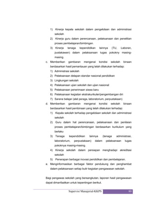 Supervisi Manajerial-KKPS 80
1) Kinerja kepala sekolah dalam pengelolaan dan administrasi
sekolah
2) Kinerja guru dalam perencanaan, pelaksanaan dan penelitian
proses pembelajaran/bimbingan.
3) Kinerja tenaga kependidikan lainnya (TU, Laboran,
pustakawan) dalam pelaksanaan tugas pokokny masing-
masing.
c. Memberikan gambaran mengenai kondisi sekolah binaan
berdasarkan hasil pemantauan yang telah dilakukan terhadap:
1) Administrasi sekolah
2) Pelaksanaan delapan standar nasional pendidikan
3) Lingkungan sekolah
4) Pelaksanaan ujian sekolah dan ujian nasional
5) Pelaksanaan penerimaan siswa baru
6) Pelaksanaan kegiatan ekstrakurikuler/pengembangan diri
7) Sarana belajar (alat peraga, laboratorium, perpustakaan)
d. Memberikan gambaran mengenai kondisi sekolah binaan
berdasarkan hasil pembinaan yang telah dilakukan terhadap:
1) Kepala sekolah terhadap pengelolaan sekolah dan administrasi
sekolah
2) Guru dalam hal perencanaan, pelaksanaan dan penilaian
proses pembelajaran/bimbingan berdasarkan kurikulum yang
berlaku
3) Tenaga kependidikan lainnya (tenaga administrasi,
laboratorium, perpustakaan) dalam pelaksanaan tugas
pokoknya masing-masing.
4) Kinerja sekolah dalam persiapan menghadapi akreditasi
sekolah
5) Penerapan berbagai inovasi pendidikan dan pembelajaran.
e. Menginformasikan berbagai faktor pendukung dan penghambat
dalam pelaksanaan setiap butir kegiatan pengawasan sekolah.
Bagi pengawas sekolah yang bersangkutan, laporan hasil pengawasan
dapat dimanfaatkan untuk kepentingan berikut.
 