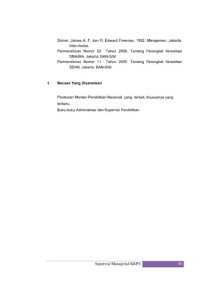 Supervisi Manajerial-KKPS 86
Stoner, James A. F. dan R. Edward Freeman. 1992. Manajemen. Jakarta:
Inter-media.
Permendiknas Nomor 52 Tahun 2008. Tentang Perangkat Akreditasi
SMA/MA. Jakarta: BAN-S/M
Permendiknas Nomor 11 Tahun 2009. Tentang Perangkat Akreditasi
SD/MI. Jakarta: BAN-S/M
I. Bacaan Yang Disarankan
Peraturan Menteri Pendidikan Nasional yang terkait, khususnya yang
terbaru.
Buku-buku Administrasi dan Supervisi Pendidikan
 