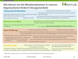 Wie können wir die Metakompetenzen in unseren
Organisationen fördern? (Gruppenarbeit)
19. März 2020 CLC Barcamp digital Prof. Dr. Nele Graf 16
Formate aus dem agilen Arbeiten ausprobieren/einführen (Daily Scrums, Retrospektiven)
„Teamgespräche“ für Konfliktkompetenz einführen
In Situationen bringen, in denen MA neue Wege gehen müssen (Learning by Doing)
Motive der Mitarbeiter kennen und Chancen zur Befriedigung geben – entweder im Job oder in der Freizeit
Unbedingt selbst erfahren lassen – und dann als
FK fehlertolerant sein, wenn es nicht sofort
funktioniert.
Selbstreflexion: aus seitens der FK mehr in die offene Reflexion im Gespräch mit
Ma gehen (die guten alten W-Fragen)
Überhaupt ein Bewusstsein für die Metakompetenzen schaffen,
darüber diskutieren und Ideen sammeln
Darüber sprechen und die Ma aktiv einbinden
Lernräume schaffen & gegen Konflikte mit
dem Tagesgeschäft auch offen halten
Wir könnten die Zeit nach Corona nutzen, um eine bessere Motivation für
den Erwerb und Ausbau der Metakompetenzen herzustellen
Wertschätzung für Lernen – das darf gelernt werden
Soziales Sicherheit geben, damit Ma das Vertrauen haben, dass diese Kompetenzen ausprobiert werden dürfen
Reflexion ritualisieren
MicroLearning um in geschätzten Räumen
Verhalten zu üben.
Angebote zur Unterstützung schaffen und Reflexionsräume
ermöglichen
Ältere Kollegen mitnehmen Motivation schaffen
Die neuen Kompetenzen mit den entsprechenden Werten im Unternehmen verankern
Bewusstseinsarbeit halte ich hier für wichtiger als klassische Trainings
oder Unterrichten
Außerhalb von Unternehmen: Zur Schulzeit und Ausbildung/Studium für künftige Generationen
Wenn die GF dafür sorgt, dass jeder eine Stimme hat, dann sind die MA stark
miteinander. Das habe ich gerade in einem Unternehmen erlebt.
Offene Kommunikation schaffen
Mit Working-out-Loud üben
Freiräume schaffen und halten
Orientierung geben
Verhalten statt Ergebnisse belohnen
Retrospektiven, Feedback strukturiert verankern
Die Feedbackkultur im Unternehmen fördern
Bewusstsein & Motivation
Reflexion & Feedback
Kultur & Führung
Formate & Tools
 