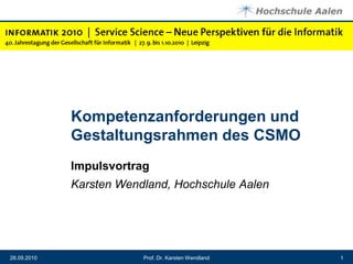Kompetenzanforderungen und Gestaltungsrahmen des CSMO Impulsvortrag Karsten Wendland, Hochschule Aalen 28.09.2010 1 Prof. Dr. Karsten Wendland 