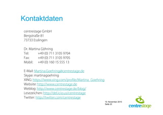 10. November 2010
Seite 22
Kontaktdaten
centrestage GmbH
Bergstraße 81
73733 Esslingen
Dr. Martina Göhring
Tel: +49 (0) 711 3105 9704
Fax: +49 (0) 711 3105 9705
Mobil: +49 (0) 160 15 555 13
E-Mail: Martina.Goehring@centrestage.de
Skype: martinagoehring
XING: https://www.xing.com/profile/Martina_Goehring
Website: http://www.centrestage.de
Weblog: http://www.centrestage.de/blog/
Lesezeichen: http://del.icio.us/centrestage
Twitter: http://twitter.com/centrestage
 