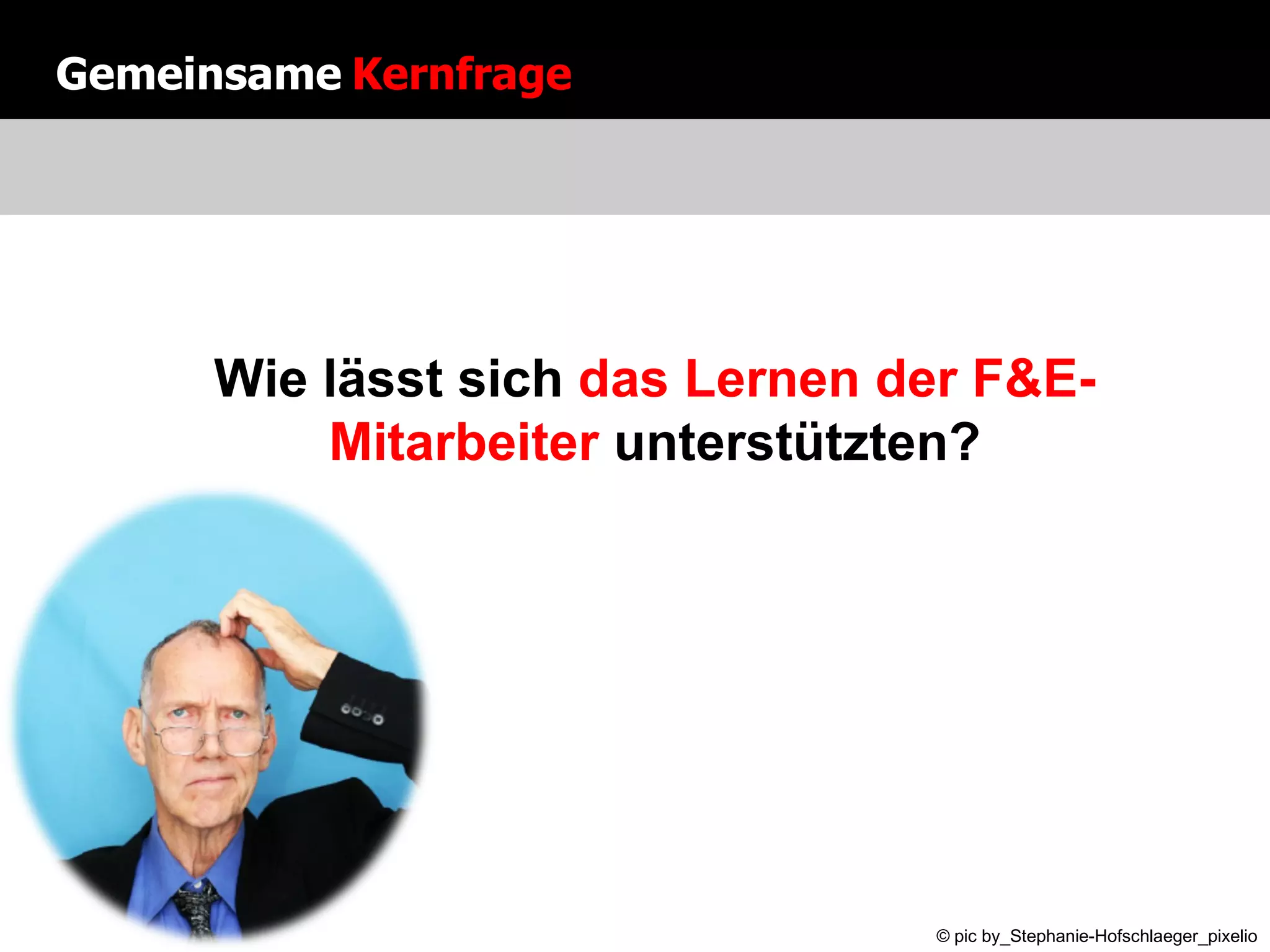 Gemeinsame   Kernfrage Wie lässt sich  das Lernen der F&E-Mitarbeiter  unterstützten? © pic by_Stephanie-Hofschlaeger_pixelio 