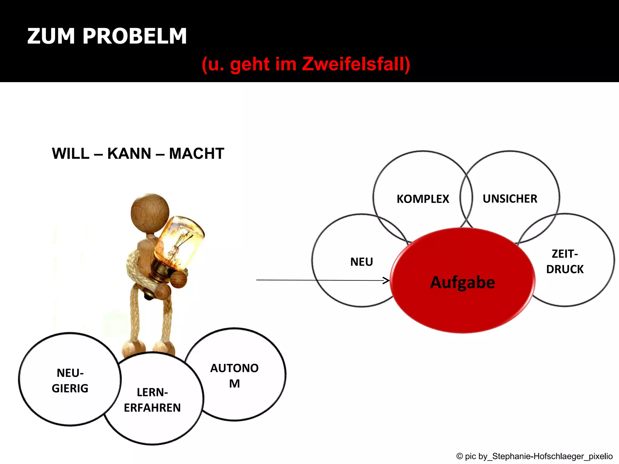 ZUM PROBELM WILL – KANN – MACHT  (u. geht im Zweifelsfall)  © pic by_Stephanie-Hofschlaeger_pixelio UNSICHER KOMPLEX NEU ZEIT-DRUCK Aufgabe AUTONOM LERN-ERFAHREN NEU-GIERIG 