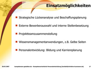 Einsatzmöglichkeiten Strategische Lückenanalyse und Beschaffungsplanung Externe Bewerberauswahl und interne Stellenbesetzung  Projektteamzusammenstellung Wissensmanagementanwendungen, z.B. Gelbe Seiten Personalentwicklung: Bildung und Karriereplanung 