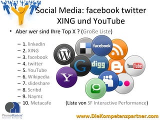 Social Media: facebook twitter XING und YouTube ,[object Object],[object Object],[object Object],[object Object],[object Object],[object Object],[object Object],[object Object],[object Object],[object Object],[object Object]