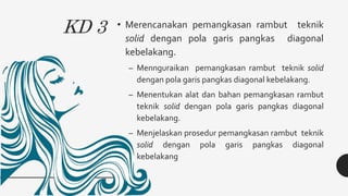 KD 3 • Merencanakan pemangkasan rambut teknik
solid dengan pola garis pangkas diagonal
kebelakang.
– Mennguraikan pemangkasan rambut teknik solid
dengan pola garis pangkas diagonal kebelakang.
– Menentukan alat dan bahan pemangkasan rambut
teknik solid dengan pola garis pangkas diagonal
kebelakang.
– Menjelaskan prosedur pemangkasan rambut teknik
solid dengan pola garis pangkas diagonal
kebelakang
 