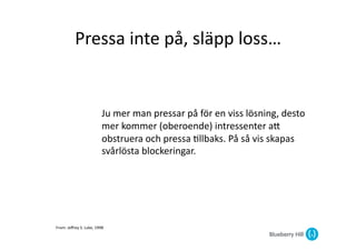 Pressa	
  inte	
  på,	
  släpp	
  loss…	
  


                                       Ju	
  mer	
  man	
  pressar	
  på	
  för	
  en	
  viss	
  lösning,	
  desto	
  
                                       mer	
  kommer	
  (oberoende)	
  intressenter	
  aG	
  
                                       obstruera	
  och	
  pressa	
  @llbaks.	
  På	
  så	
  vis	
  skapas	
  
                                       svårlösta	
  blockeringar.	
  




From:	
  Jeﬀrey	
  S.	
  Luke,	
  1998	
  
 