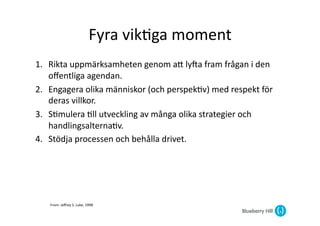 Fyra	
  vik@ga	
  moment	
  
1.  Rikta	
  uppmärksamheten	
  genom	
  aG	
  lyZa	
  fram	
  frågan	
  i	
  den	
  
    oﬀentliga	
  agendan.	
  
2.  Engagera	
  olika	
  människor	
  (och	
  perspek@v)	
  med	
  respekt	
  för	
  	
  
    deras	
  villkor.	
  
3.  S@mulera	
  @ll	
  utveckling	
  av	
  många	
  olika	
  strategier	
  och	
  
    handlingsalterna@v.	
  
4.  Stödja	
  processen	
  och	
  behålla	
  drivet.	
  	
  




     From:	
  Jeﬀrey	
  S.	
  Luke,	
  1998	
  
 