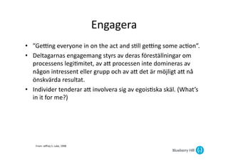 Engagera	
  
•  ”Gepng	
  everyone	
  in	
  on	
  the	
  act	
  and	
  s@ll	
  gepng	
  some	
  ac@on”.	
  
•  Deltagarnas	
  engagemang	
  styrs	
  av	
  deras	
  föreställningar	
  om	
  
   processens	
  legi@mitet,	
  av	
  aG	
  processen	
  inte	
  domineras	
  av	
  
   någon	
  intressent	
  eller	
  grupp	
  och	
  av	
  aG	
  det	
  är	
  möjligt	
  aG	
  nå	
  
   önskvärda	
  resultat.	
  
•  Individer	
  tenderar	
  aG	
  involvera	
  sig	
  av	
  egois@ska	
  skäl.	
  (What’s	
  
   in	
  it	
  for	
  me?)	
  




     From:	
  Jeﬀrey	
  S.	
  Luke,	
  1998	
  
 