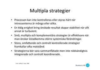 Mul@pla	
  strategier	
  
•  Processen	
  kan	
  inte	
  kontrolleras	
  eller	
  styras	
  hårt	
  när	
  
   intressenterna	
  är	
  många	
  eller	
  olika.	
  
•  En	
  @dig	
  enighet	
  kring	
  önskade	
  resultat	
  skapar	
  stabilitet	
  när	
  allt	
  
   annat	
  är	
  turbulent.	
  
•  Små,	
  mul@pla	
  och	
  komplementära	
  strategier	
  är	
  eﬀek@vare	
  när	
  
   man	
  önskar	
  åstadkomma	
  större	
  systemiska	
  förändringar.	
  
•  Stora,	
  omfaGande	
  och	
  centralt	
  kontrollerade	
  strategier	
  
   framkallar	
  oZa	
  motstånd.	
  
•  Strategierna	
  bör	
  vara	
  sammanﬂätade	
  men	
  inte	
  nödvändigtvis	
  
   integrerade	
  och	
  centralt	
  koordinerade.	
  

     From:	
  Jeﬀrey	
  S.	
  Luke,	
  1998	
  
 