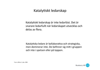 Kataly@skt	
  ledarskap	
  

                                   Kataly@skt	
  ledarskap	
  är	
  inte	
  ledarlöst.	
  Det	
  är	
  
                                   snarare	
  ledarfullt	
  när	
  ledarskapet	
  utvecklas	
  och	
  
                                   delas	
  av	
  ﬂera.	
  



                                    Kataly@ska	
  ledare	
  är	
  kollabora@va	
  och	
  strategiska,	
  
                                    men	
  dominerar	
  inte.	
  De	
  beﬁnner	
  sig	
  miG	
  i	
  gruppen	
  
                                    och	
  inte	
  i	
  spetsen	
  eller	
  på	
  toppen.	
  



From:	
  Jeﬀrey	
  S.	
  Luke,	
  1998	
  
 