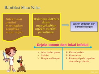 B.Infeksi Masa Nifas
Infeksi alat
genital
merupakan
komplikasi
masa nifas.

Beberapa bakteri
dapat
menyebabkan
infeksi setelah 
persalinan.

bakteri endogen dan
bakteri endogen dan
bakteri eksogen
bakteri eksogen

Gejala umum dan lokal infeksi
• Suhu badan panas
• Malaise
• Denyut nadi cepat

 Uterus lembek
 Kemerahan
 Rasa nyeri pada payudara
atau adanya disuria.

 