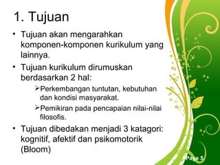1. Tujuan
• Tujuan akan mengarahkan
  komponen-komponen kurikulum yang
  lainnya.
• Tujuan kurikulum dirumuskan
  berdasarkan 2 hal:
     Perkembangan tuntutan, kebutuhan
      dan kondisi masyarakat.
     Pemikiran pada pencapaian nilai-nilai
      filosofis.
• Tujuan dibedakan menjadi 3 katagori:
  kognitif, afektif dan psikomotorik
  (Bloom)
                   Free Powerpoint Templates
                                               Page 5
 