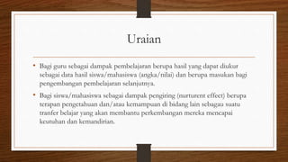 Uraian
• Bagi guru sebagai dampak pembelajaran berupa hasil yang dapat diukur
sebagai data hasil siswa/mahasiswa (angka/nilai) dan berupa masukan bagi
pengembangan pembelajaran selanjutnya.
• Bagi siswa/mahasiswa sebagai dampak pengiring (nurturent effect) berupa
terapan pengetahuan dan/atau kemampuan di bidang lain sebagau suatu
tranfer belajar yang akan membantu perkembangan mereka mencapai
keutuhan dan kemandirian.
 