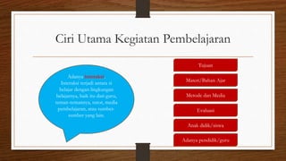 Ciri Utama Kegiatan Pembelajaran
Adanya interaksi.
Interaksi terjadi antara si
belajar dengan lingkungan
belajarnya, baik itu dari guru,
teman-temannya, tutor, media
pembelajaran, atau sumber-
sumber yang lain.
Tujuan
Materi/Bahan Ajar
Metode dan Media
Evaluasi
Anak didik/siswa
Adanya pendidik/guru
 