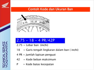 Contoh Kode dan Ukuran Ban
2.75 - 18 - 4 PR/42P
2.75 = Lebar ban (inchi)
18 = Garis tengah lingkaran dalam ban ( inchi)
4 PR = Jumlah lapisan penguat
42 = Kode beban maksimum
P = Kode batas kecepatan
 