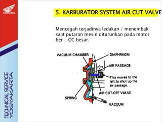 5. KARBURATOR SYSTEM AIR CUT VALVE
Mencegah terjadinya ledakan / menembak
saat putaran mesin diturunkan pada motor
ber - CC besar.
 