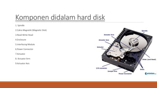 Komponen didalam hard disk
1. Spindle
2.Cakra Magnetik (Magnetic Disk)
3.Read-Write Head
4.Enclosure
5.Interfacing Module
6.Power Connector
7.Actuator
8. Actuator Arm
9.Actuator Axis
 