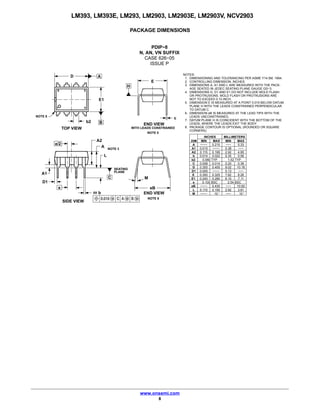 LM393, LM393E, LM293, LM2903, LM2903E, LM2903V, NCV2903
www.onsemi.com
8
PACKAGE DIMENSIONS
PDIP−8
N, AN, VN SUFFIX
CASE 626−05
ISSUE P
1 4
58
b2
NOTE 8
D
b
L
A1
A
eB
E
A
TOP VIEW
C
SEATING
PLANE
0.010 C A
SIDE VIEW
END VIEW
END VIEW
WITH LEADS CONSTRAINED
DIM MIN MAX
INCHES
A −−−− 0.210
A1 0.015 −−−−
b 0.014 0.022
C 0.008 0.014
D 0.355 0.400
D1 0.005 −−−−
e 0.100 BSC
E 0.300 0.325
M −−−− 10
−−− 5.33
0.38 −−−
0.35 0.56
0.20 0.36
9.02 10.16
0.13 −−−
2.54 BSC
7.62 8.26
−−− 10
MIN MAX
MILLIMETERS
NOTES:
1. DIMENSIONING AND TOLERANCING PER ASME Y14.5M, 1994.
2. CONTROLLING DIMENSION: INCHES.
3. DIMENSIONS A, A1 AND L ARE MEASURED WITH THE PACK-
AGE SEATED IN JEDEC SEATING PLANE GAUGE GS−3.
4. DIMENSIONS D, D1 AND E1 DO NOT INCLUDE MOLD FLASH
OR PROTRUSIONS. MOLD FLASH OR PROTRUSIONS ARE
NOT TO EXCEED 0.10 INCH.
5. DIMENSION E IS MEASURED AT A POINT 0.015 BELOW DATUM
PLANE H WITH THE LEADS CONSTRAINED PERPENDICULAR
TO DATUM C.
6. DIMENSION eB IS MEASURED AT THE LEAD TIPS WITH THE
LEADS UNCONSTRAINED.
7. DATUM PLANE H IS COINCIDENT WITH THE BOTTOM OF THE
LEADS, WHERE THE LEADS EXIT THE BODY.
8. PACKAGE CONTOUR IS OPTIONAL (ROUNDED OR SQUARE
CORNERS).
E1 0.240 0.280 6.10 7.11
b2
eB −−−− 0.430 −−− 10.92
0.060 TYP 1.52 TYP
E1
M
8X
c
D1
B
A2 0.115 0.195 2.92 4.95
L 0.115 0.150 2.92 3.81
°°
H
NOTE 5
e
e/2
A2
NOTE 3
M B M NOTE 6
M
 