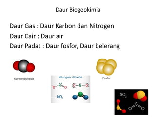 Daur Biogeokimia
Daur Gas : Daur Karbon dan Nitrogen
Daur Cair : Daur air
Daur Padat : Daur fosfor, Daur belerang
 