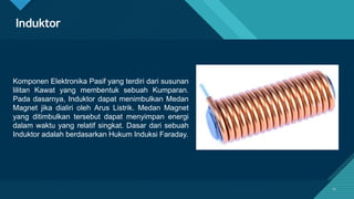 Click to edit Master title style
11
Induktor
Komponen Elektronika Pasif yang terdiri dari susunan
lilitan Kawat yang membentuk sebuah Kumparan.
Pada dasarnya, Induktor dapat menimbulkan Medan
Magnet jika dialiri oleh Arus Listrik. Medan Magnet
yang ditimbulkan tersebut dapat menyimpan energi
dalam waktu yang relatif singkat. Dasar dari sebuah
Induktor adalah berdasarkan Hukum Induksi Faraday.
11
 
