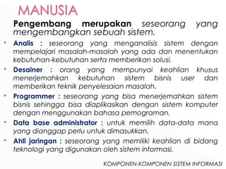 Pengembang merupakan seseorang yang 
mengembangkan sebuah sistem. 
 Analis : seseorang yang menganalisis sistem dengan 
mempelajari masalah-masalah yang ada dan menentukan 
kebutuhan-kebutuhan serta memberikan solusi. 
 Desainer : orang yang mempunyai keahlian khusus 
menerjemahkan kebutuhan sistem bisnis user dan 
memberikan teknik penyelesaian masalah. 
 Programmer : seseorang yang bisa menerjemahkan sistem 
bisnis sehingga bisa diaplikasikan dengan sistem komputer 
dengan menggunakan bahasa pemograman. 
 Data base administrator : untuk memilih data-data mana 
yang dianggap perlu untuk dimasukkan. 
 Ahli jaringan : seseorang yang memiliki keahlian di bidang 
teknologi yang digunakan oleh sistem informasi. 
KOMPONEN-KOMPONEN SISTEM INFORMASI 
 