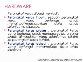 Perangkat keras dibagi menjadi : 
 Perangkat keras Input : sebuah perangkat 
keras yang berfungsi untuk 
menginput/memasukkan data untuk 
selanjutnya diproses. 
 Perangkat keras proses : perangkat keras 
yang berfungsi untuk memproses data yang 
sudah dimasukkan yang selanjutnya dikirim 
ke perangkat keras output. 
 Perangkat keras output : perangkat keras 
yang berfungsi menampilkan data atau 
informasi. 
KOMPONEN-KOMPONEN SISTEM INFORMASI 
 