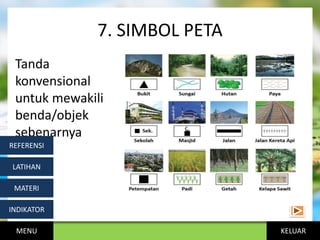 KELUAR
7. SIMBOL PETA
Tanda
konvensional
untuk mewakili
benda/objek
sebenarnya
MENU
INDIKATOR
MATERI
LATIHAN
REFERENSI
 