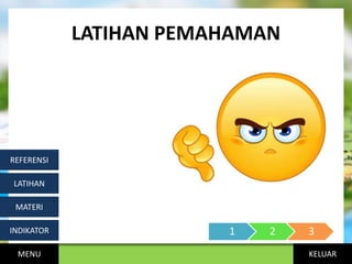KELUAR
LATIHAN PEMAHAMAN
MENU
INDIKATOR
MATERI
LATIHAN
REFERENSI
1 2 3
 