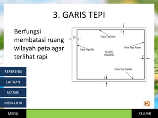 KELUAR
3. GARIS TEPI
Berfungsi
membatasi ruang
wilayah peta agar
terlihat rapi
MENU
INDIKATOR
MATERI
LATIHAN
REFERENSI
 